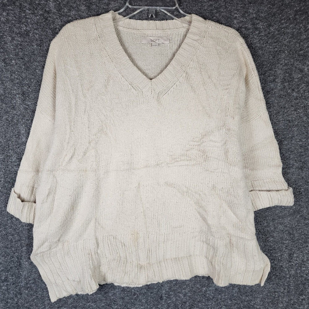Loft Sweater Womens S Pullover Cream V-Neck Shaker Knit Cotton Blend Relaxed